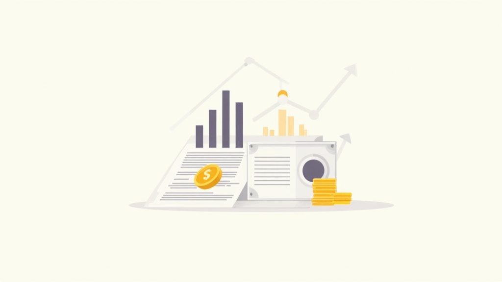 Illustration of a dividend certificate and bar chart rising, coins stacked below--symbolizing dividend yield and payout ratios.